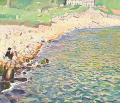 Lamorna cove no.7 (a stony beach) by Laura Knight, Oil on canvas, sold Mar 2025