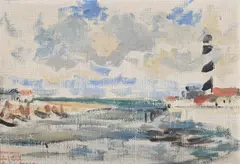 Lighthouse beside the estuary by Paul Maze, Oil on canvas laid to board, sold Mar 2025