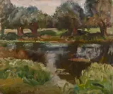 Willows near langham pool by Alfred Munnings, Oil on canvas laid to board, sold Mar 2025