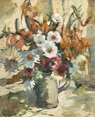 Daisies and lilies in a jug by Dorothea Sharp, Oil on panel, sold Mar 2025