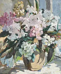 Summer flowers in a vase by Dorothea Sharp, Oil on board laid to panel, sold Mar 2025