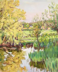 The pond at charleston looking towards tilton by Vanessa Bell, Oil on canvas, sold Mar 2025