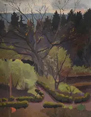 Scene from a window, box, minchinhampton by Gilbert Spencer, Oil on panel, sold Mar 2025