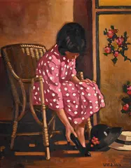 Model dressing (girl in a spotted dress) by Jack Vettriano, Oil on canvas-board, sold Mar 2025