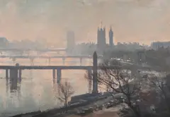 The thames at westminster by Edward Seago, Oil on board, sold Mar 2025