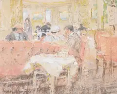 The pink sofa at fortnum's, london by Diana Armfield, Pastel, sold Mar 2025