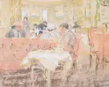 The pink sofa at fortnum's, london by Diana Armfield, Pastel, sold Mar 2025