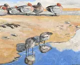 Widgeon and dunlins on the edge of the tide by Peter Scott, Oil on board, sold Mar 2025