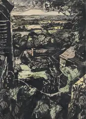 View across the valley by John Minton, Ink, watercolour and wax crayon, sold Mar 2025