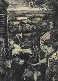 View across the valley by John Minton, Ink, watercolour and wax crayon, sold Mar 2025