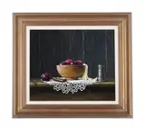 Still life of a bowl of plums on lace by Ian Mastin, Oil on board, sold Mar 2025