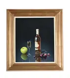 Still life of a bottle of riesling with an apple and grapes by Ian Mastin, Oil on canvas laid to board, offered Mar 2025