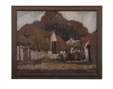Old barn between rickmansworth & croxley green by Gilbert Rumbold, Oil on canvas, sold Mar 2025