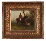 Huntsman on horseback by Hans Johann Haag, Oil on panel, sold Mar 2025