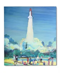 The spectacle of space and other fallacies by Jules de Balincourt, Oil and collage on board, sold Mar 2025