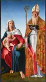 Madonna and child with a holy bishop by Francesco Marmitta, Oil on panel, offered Feb 2025
