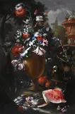 A still life of flowers in an urn with a parrot by Aniello Ascione, Oil on canvas, sold Feb 2025