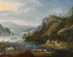 View of the rhine with travellers and a pckmule on a path by Robert Griffier, Oil on copper, sold Feb 2025