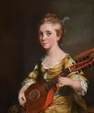 Portrait of harriet heylar playing guitar by Thomas Beach, Oil on canvas, sold Feb 2025