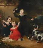 Portrait of three children in a landscape with a dog by John Wood, Oil on canvas, sold Feb 2025