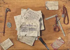 Trompe l'oeil of letters and other objects by Egidio Maria Bordoni, Oil on canvas, sold Feb 2025