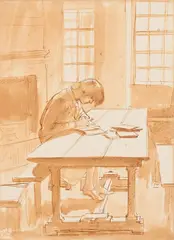 Girl doing her homework by Randolph Schwabe, Pen sepia and watercolour, offered Feb 2025