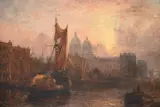 Hay barge on the thames before the royal museums by Claude Thomas Stanfield Moore, Oil on canvas, sold Feb 2025
