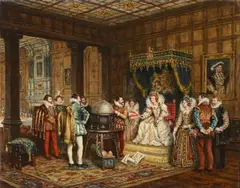 Drake showing queen elizabeth how he put a girdle round the earth by Frank Moss Bennett, Oil on canvasboard, sold Feb 2025