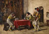 A game of cards by Frank Moss Bennett, Oil on board, sold Feb 2025