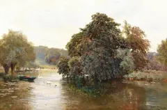Thames landscape with swans by Alfred de Breanski, Oil on canvas, sold Feb 2025