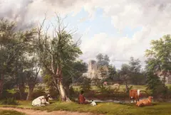 Rural scene with a gentleman, dog and cattle by Thomas Baker, Oil on canvas, sold Feb 2025