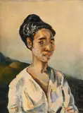 Portrait of a woman in a white dress by Julius Hüther, Oil on canvas, sold Feb 2025