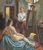 Pintor y modelo by George Owen Wynne Apperley, 1955, Oil on canvas, sold Feb 2025