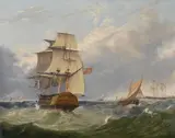 A british man-o-war in choppy seas by Cirlce Of Thomas Buttersworth, Oil on canvas, sold Feb 2025