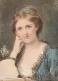 Girl in a blue dress by Edward Tayler, Watercolour, sold Feb 2025