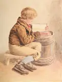 Little boy reading a red book by William Henry Hunt, Watercolour, sold Feb 2025