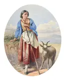 Shepherdess with mountain goat by William Lee, Watercolour, framed oval, offered Feb 2025