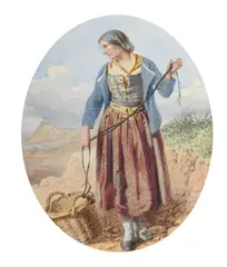 Shepherdess with basket by William Lee, Watercolour, offered Feb 2025