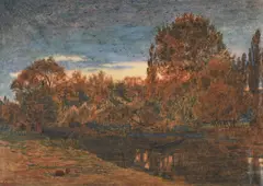 Sunset through woodland by Albert Goodwin, Watercolour heightened with bodycolour, sold Feb 2025