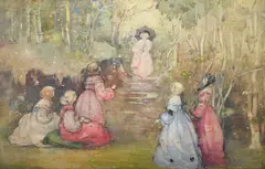 Young ladies in a woodland garden by Katherine Cameron, Watercolour, sold Feb 2025