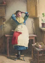 Girl with her knitting by Carlton Alfred Smith, Watercolour and bodycolour, sold Feb 2025