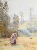 Girl raking the hay by John William North, Watercolour heightened with bodycolour, sold Feb 2025