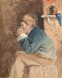 A boy eating an apple by Erskine Nicol, Pencil and watercolour with white heightening, sold Feb 2025
