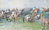 The water jump by Gilbert Joseph Holiday, Watercolour and bodycolour, sold Feb 2025