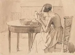 A girl sewing by Randolph Schwabe, Pen and wash, offered Feb 2025