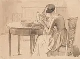 A girl sewing by Randolph Schwabe, Pen and wash, offered Feb 2025