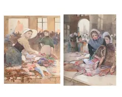 The fish market boulogne by Hector Caffieri, Watercolour, a pair Each signed, sold Feb 2025
