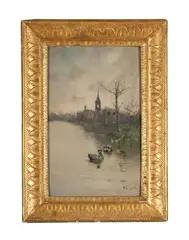 Ducks in a pond by Pietro Scoppetta, Oil on canvas board, sold Feb 2025