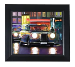 Black cab ride by Neil Dawson, Oil on canvas, sold Feb 2025