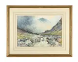 Sheep drover in a mountainous landscape by Alfred Fontville II De Breanski, Watercolour, offered Feb 2025